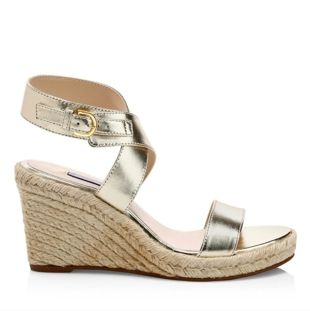 Stuart Weitzman Lexia Gold Metallic Leather Espadrille Buckle Wedges 10